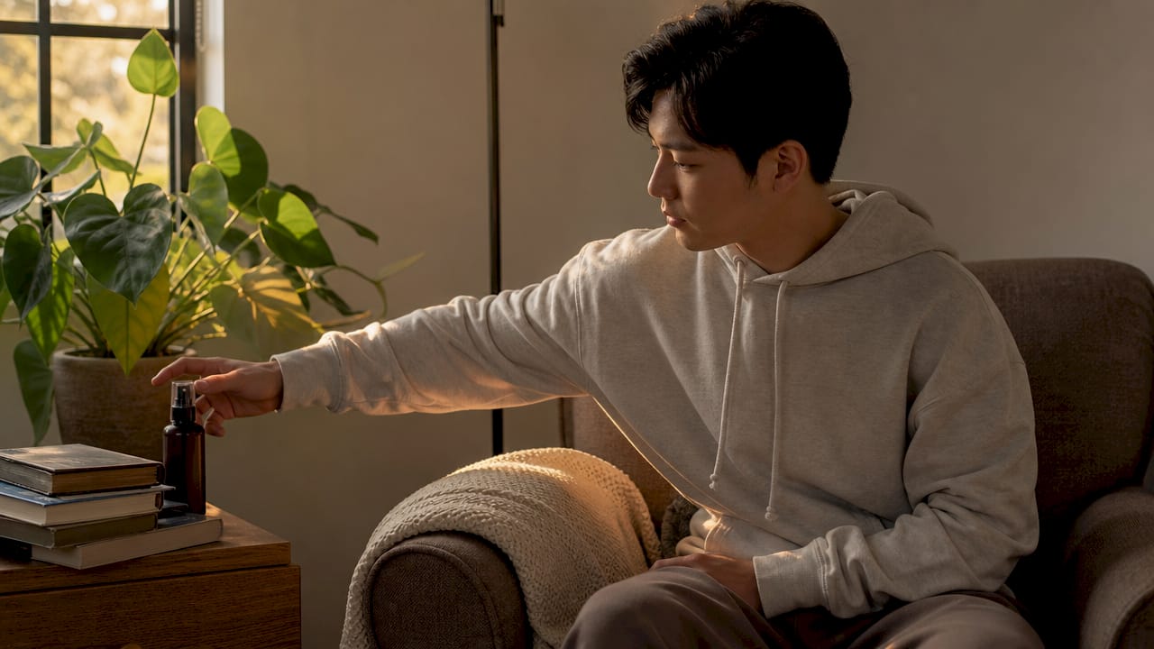 Man grabbing cool water spray for skin calming