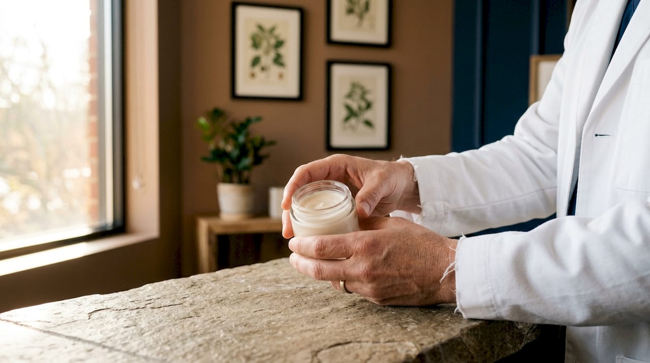 Dermatologist hands holding skincare product