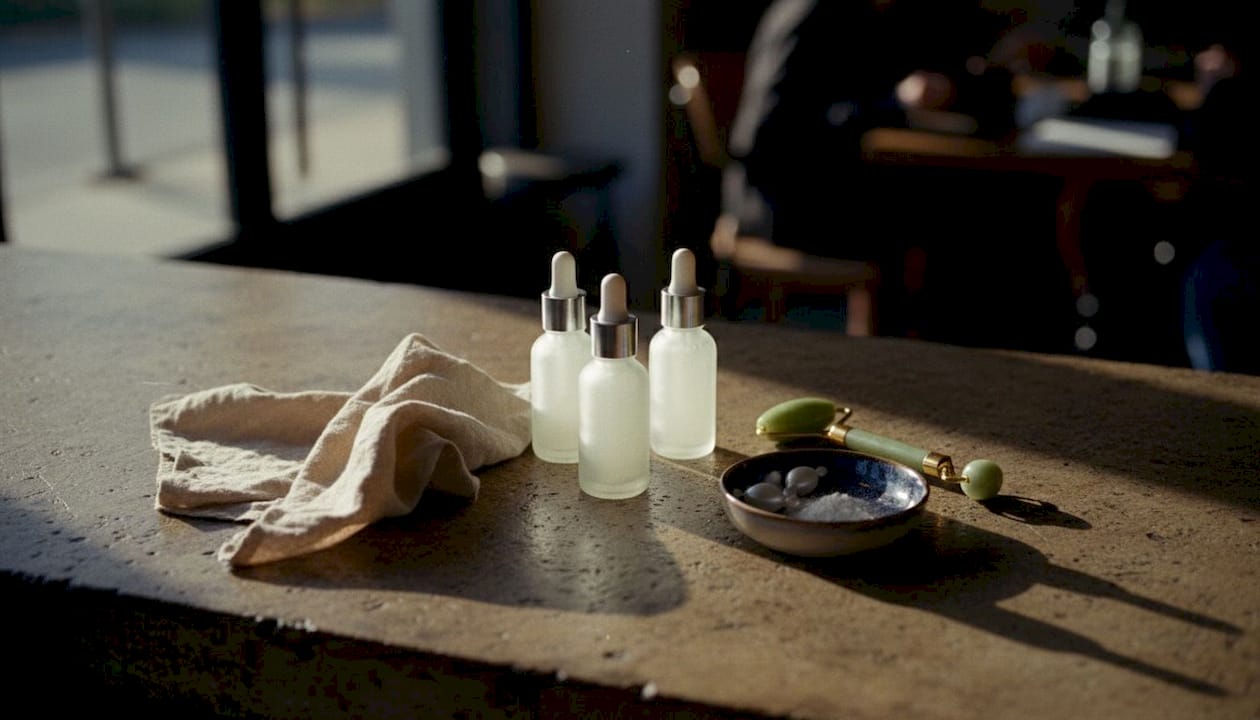 Flat lay of peptide serums and skin repair tools