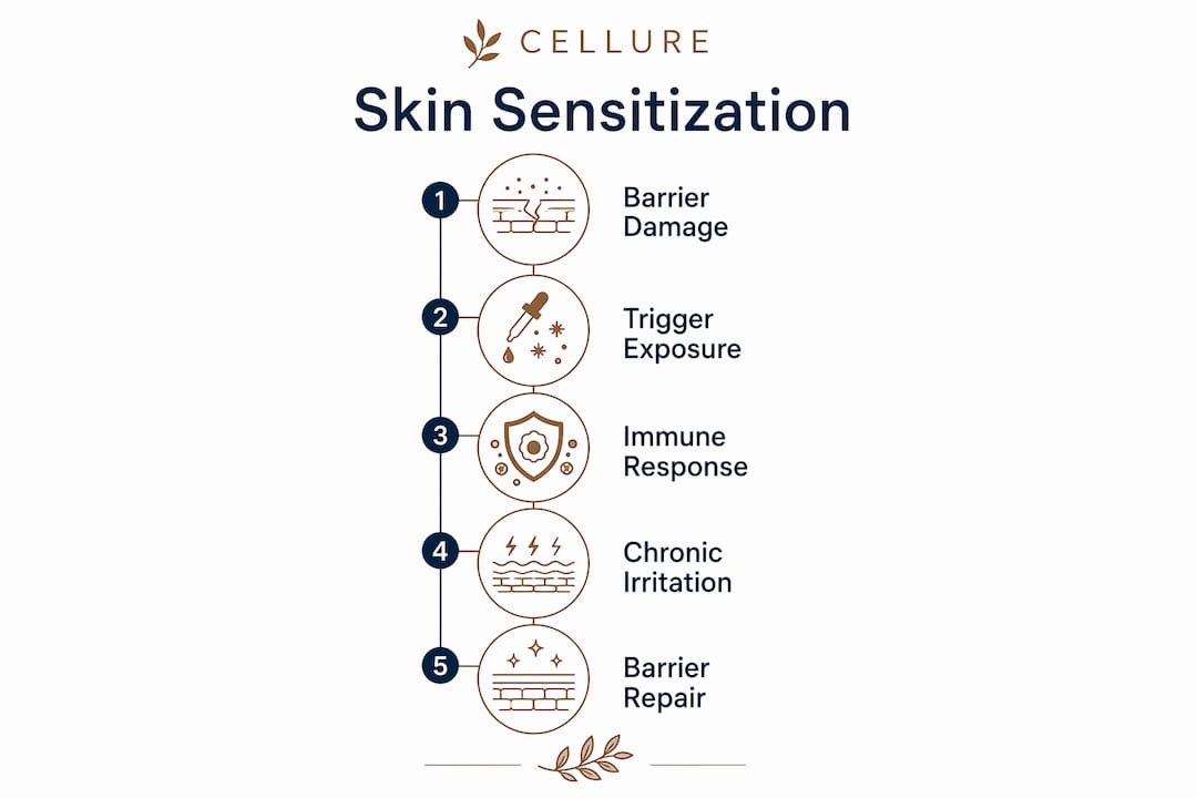 Infographic illustrating skin sensitization process and remedies