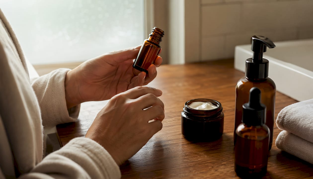 Hands holding skincare products on bathroom counter