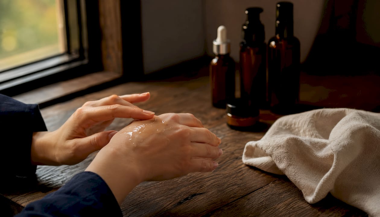 Hands applying hydrating serum for dry skin