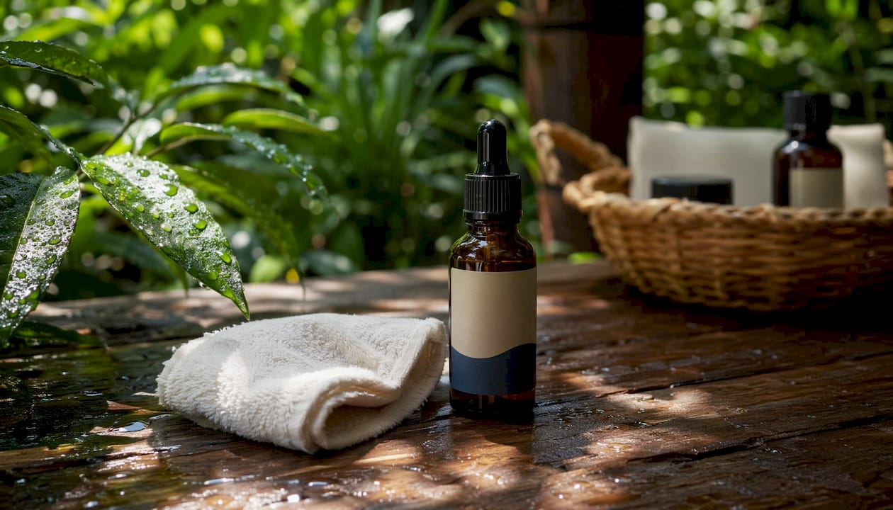 Overhead view of skincare products for oily acne-prone skin