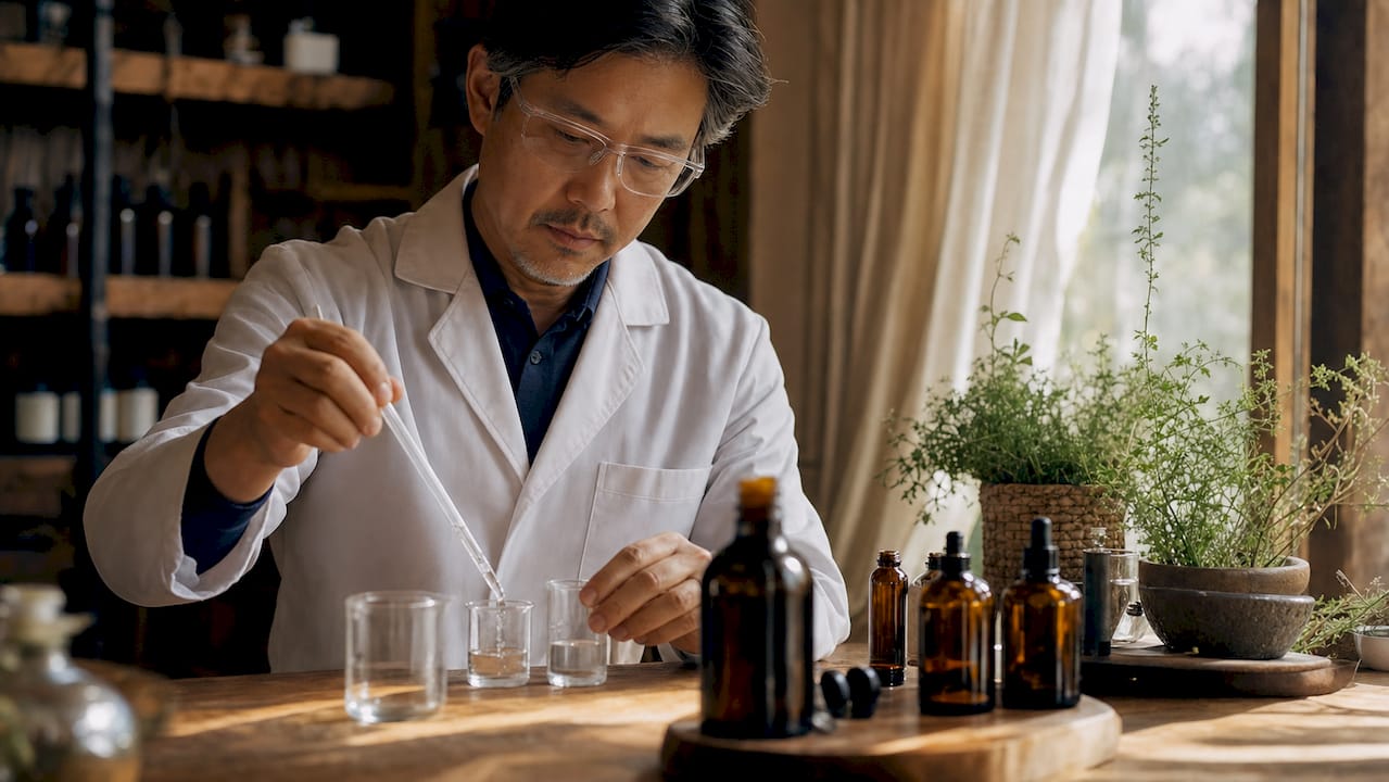 Skincare scientist formulating hyaluronic acid serum