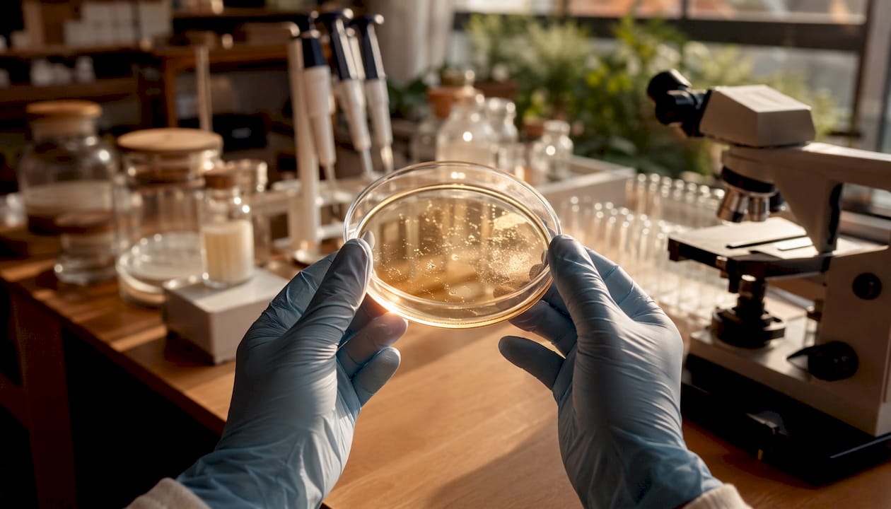 Lab technician holding serum sample in petri dish