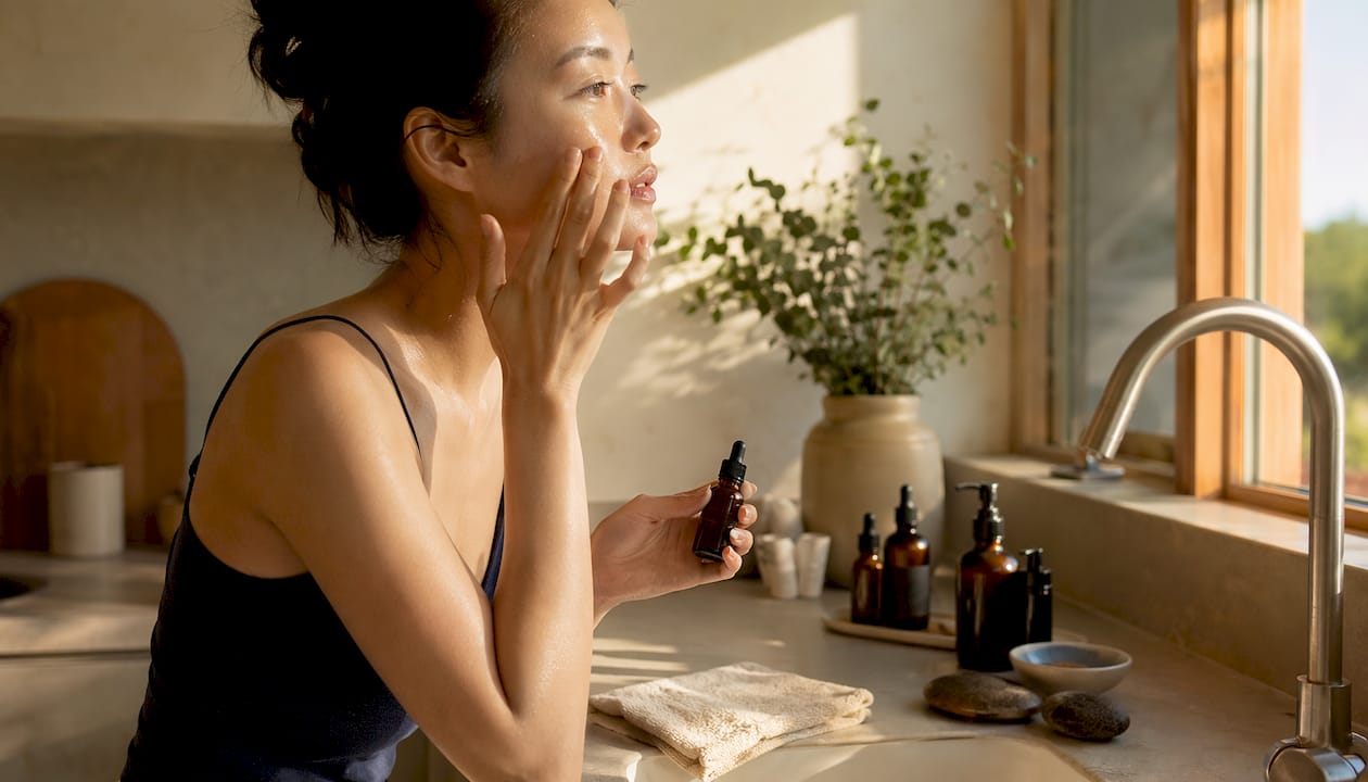 Hands applying peptide serum to facial skin