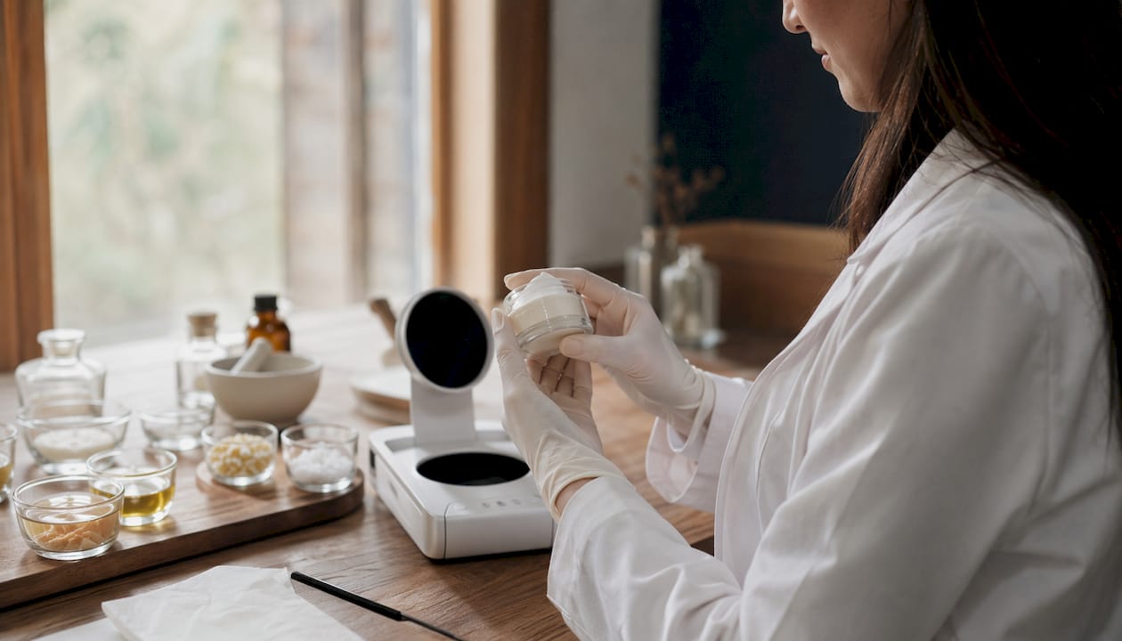 Dermatologist holding cosmetic cream jar in clinic