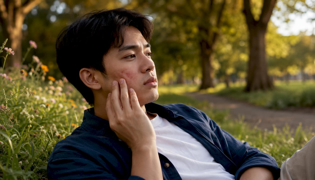 Young man with sensitive skin touching cheek outdoors