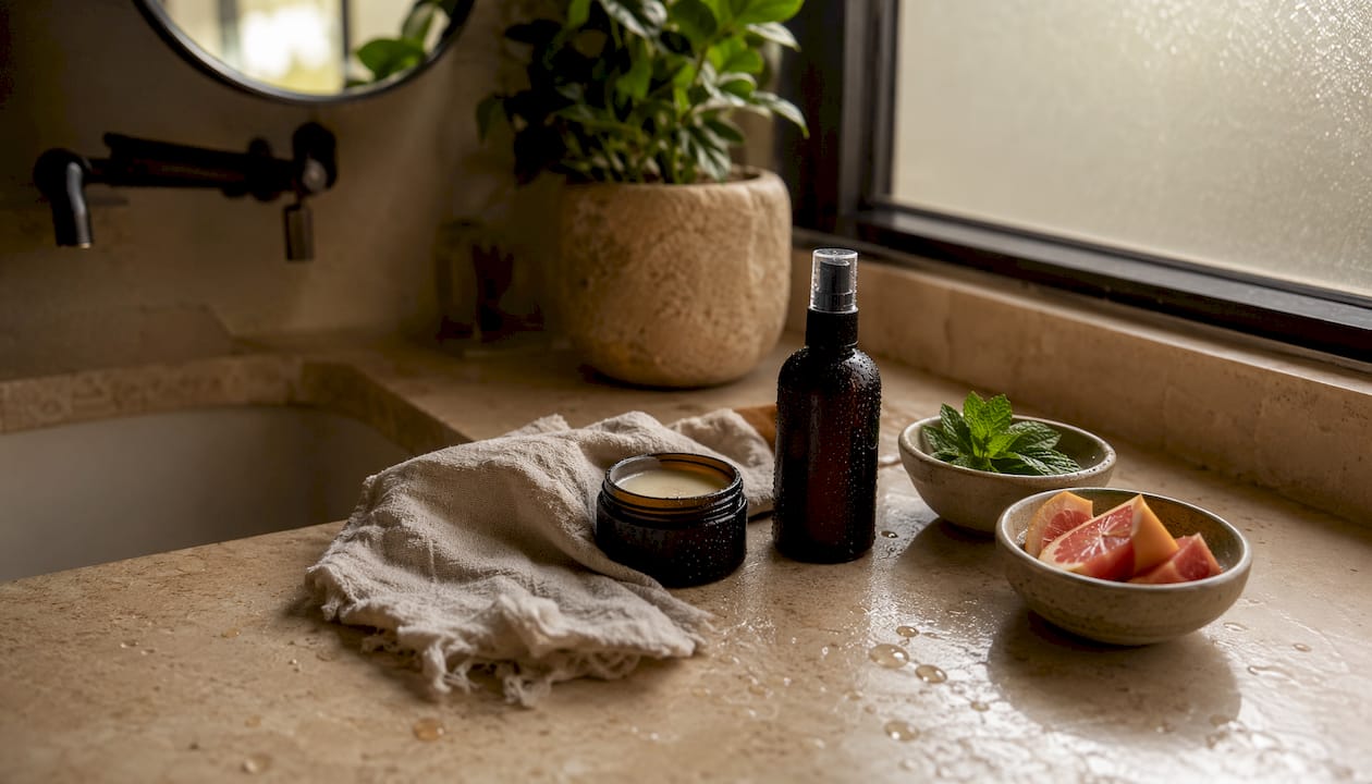 Overhead view of skincare setup on bathroom counter