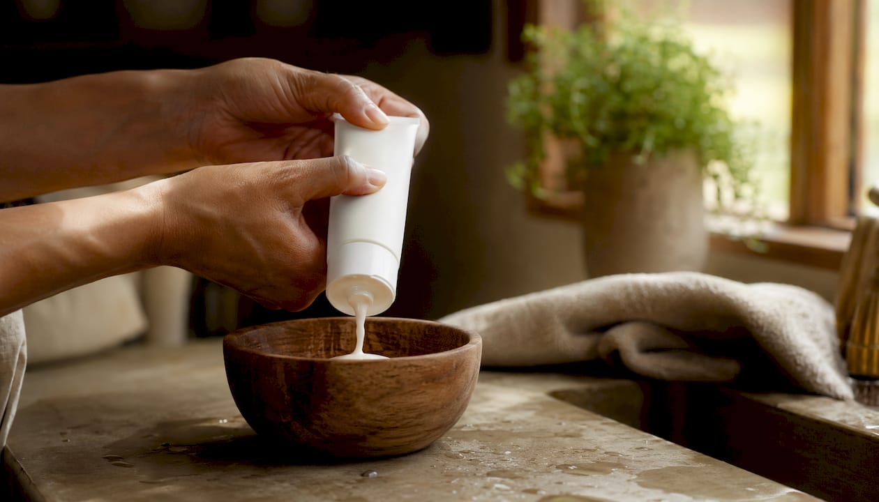 Close-up of hands with cream cleanser in bathroom