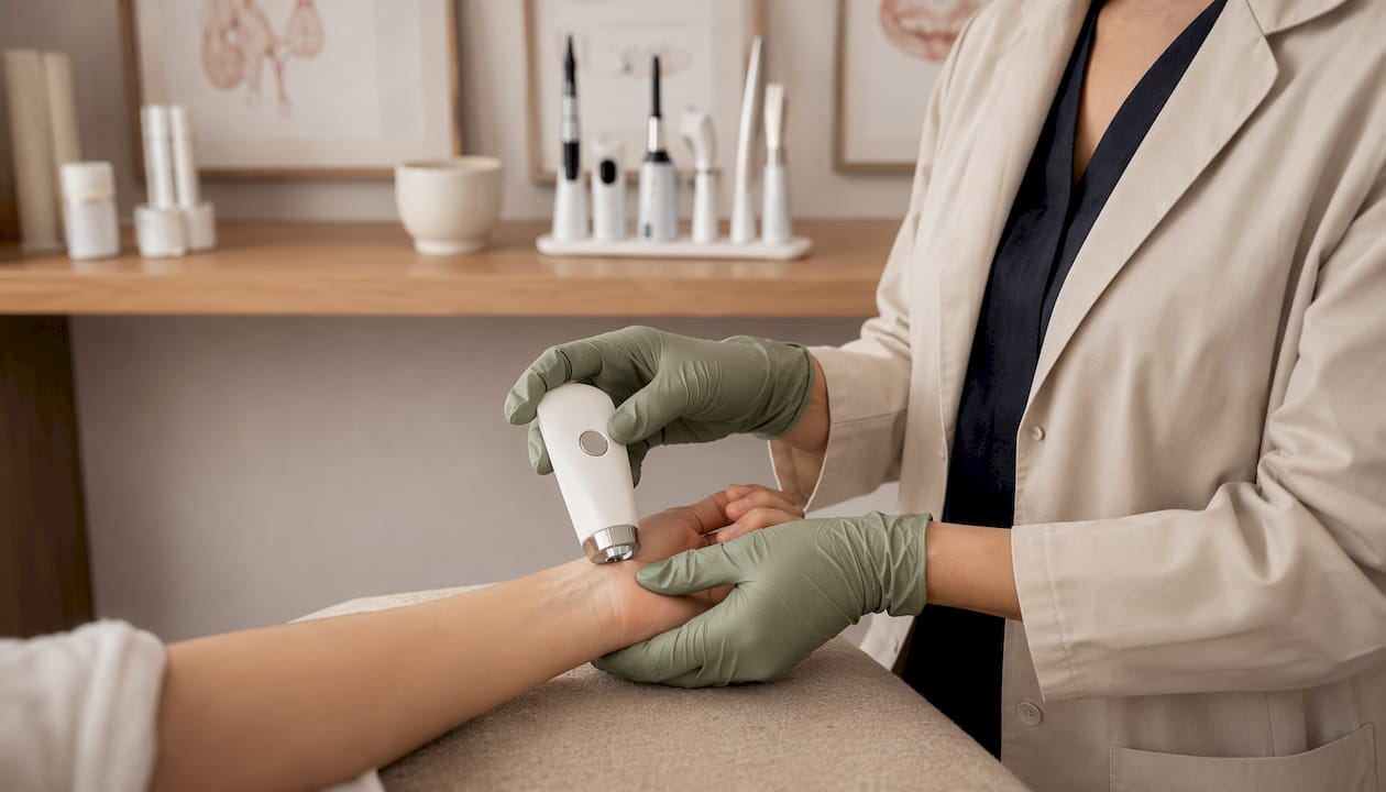 Hands using skin hydration analyzer in clinic