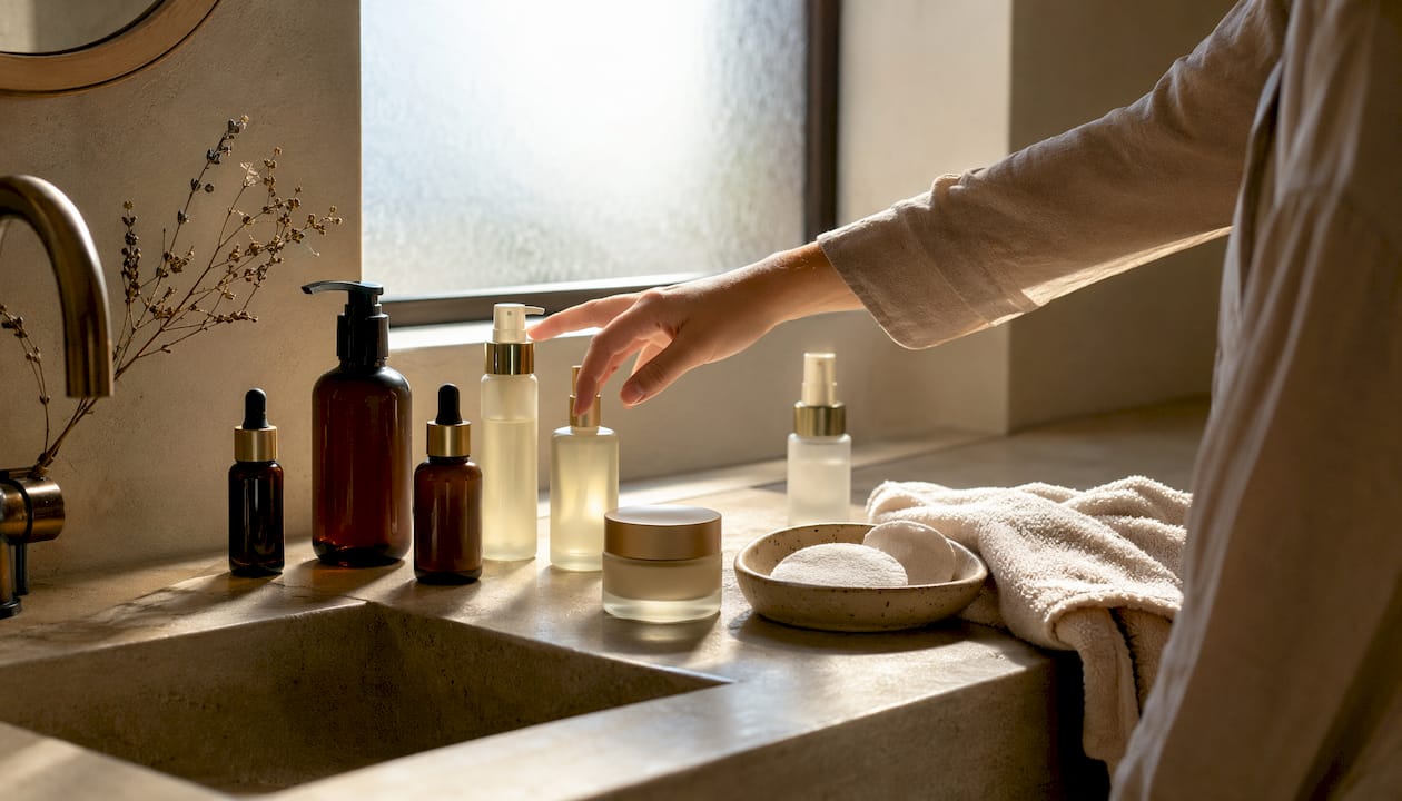 Overhead view of skincare product arrangement on wooden shelf