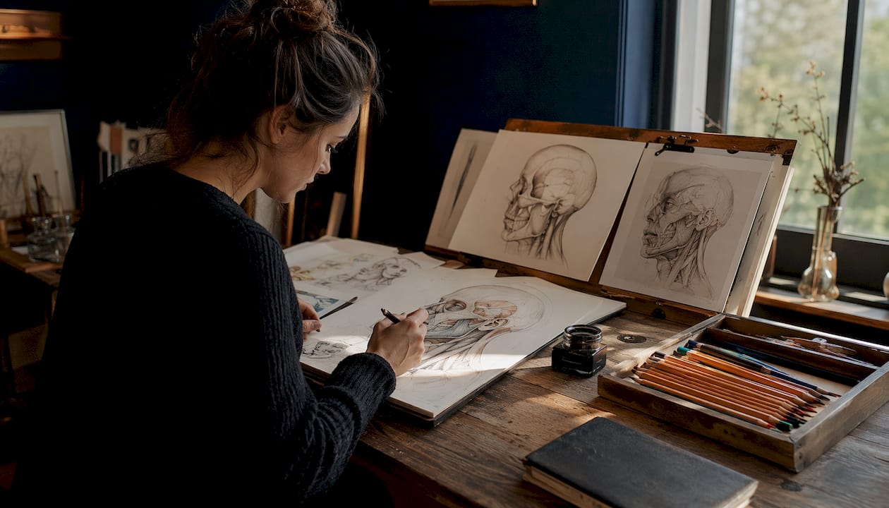 Anatomical sketches of facial tissue layers on artist’s desk