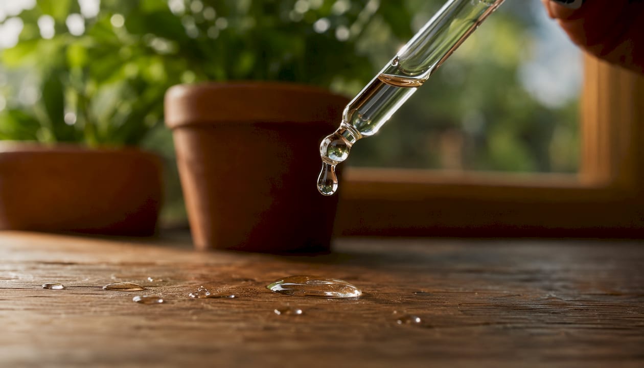 Drop of hyaluronic acid serum on glass surface