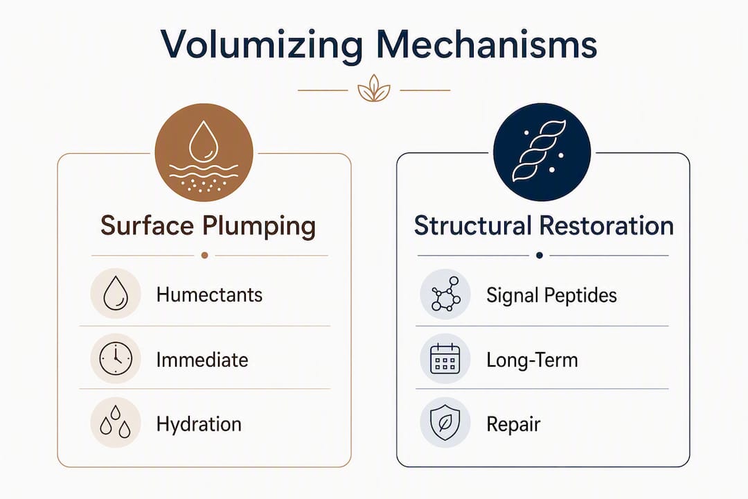 Infographic comparing volumizing skincare mechanisms