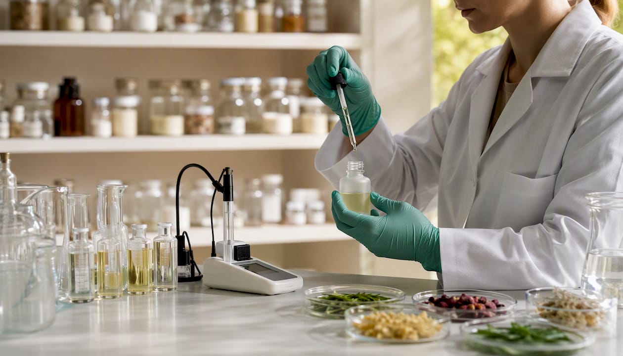 Hands working on gentle serum formulation in lab