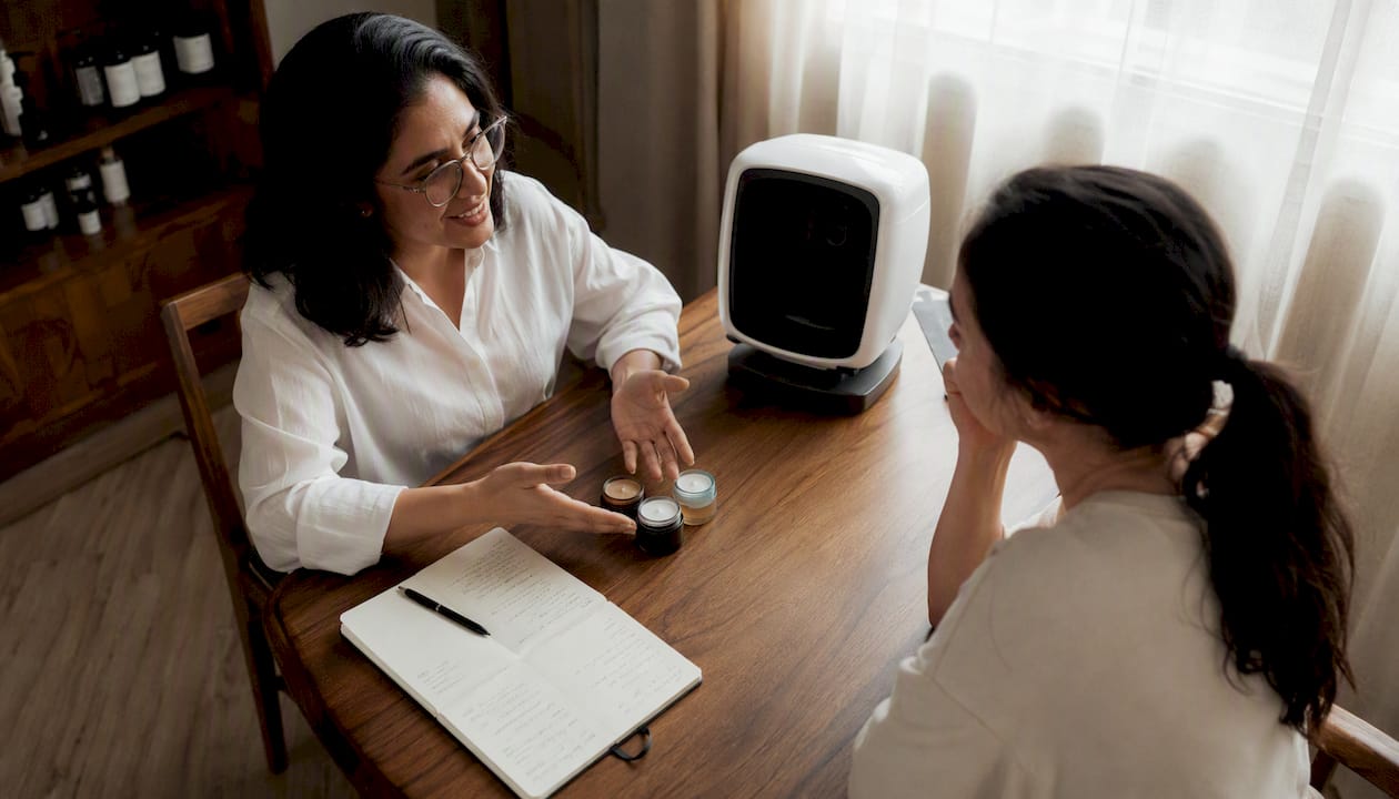 Dermatologist consulting patient on brightening serums