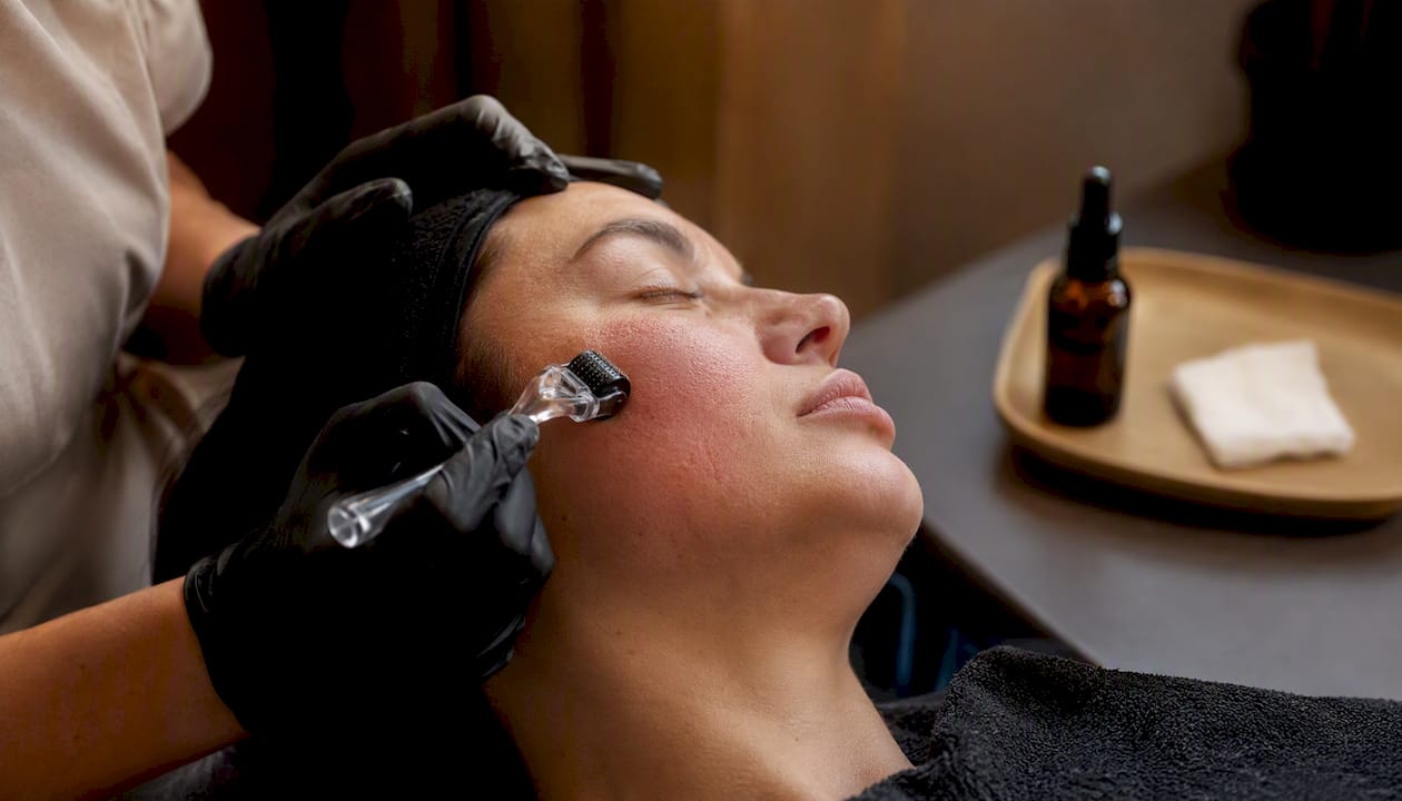 Hands performing microneedling on facial skin
