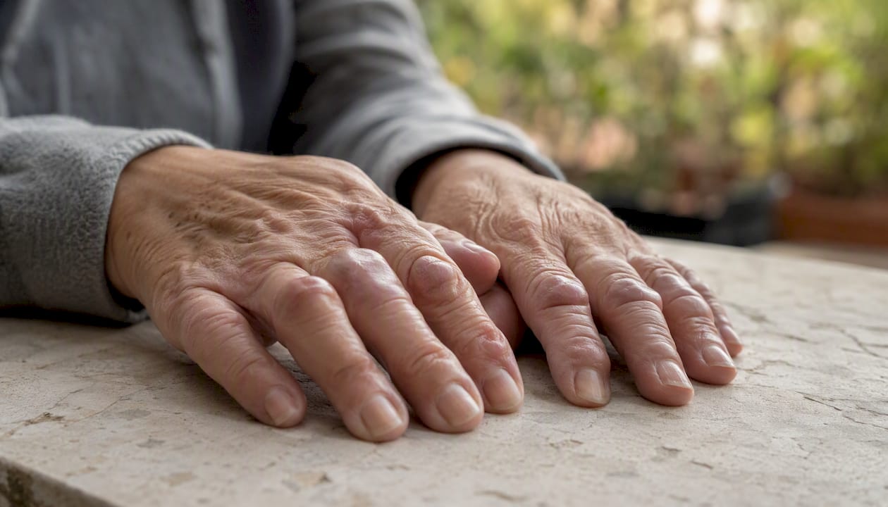 Elderly hands showing joint stiffness