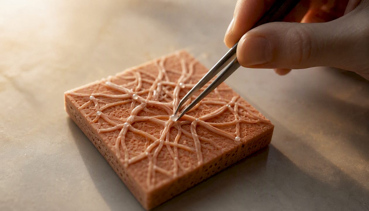 Tweezers placing peptide bead on skin model