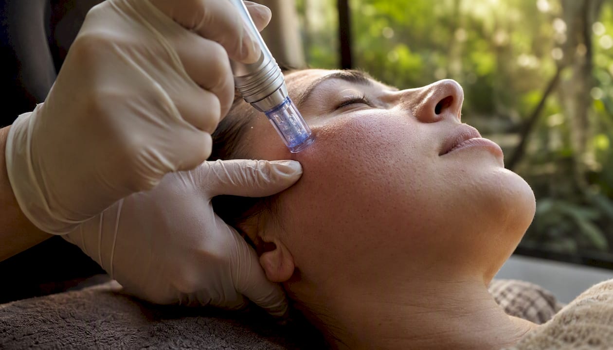 Microneedling treatment close-up on cheek