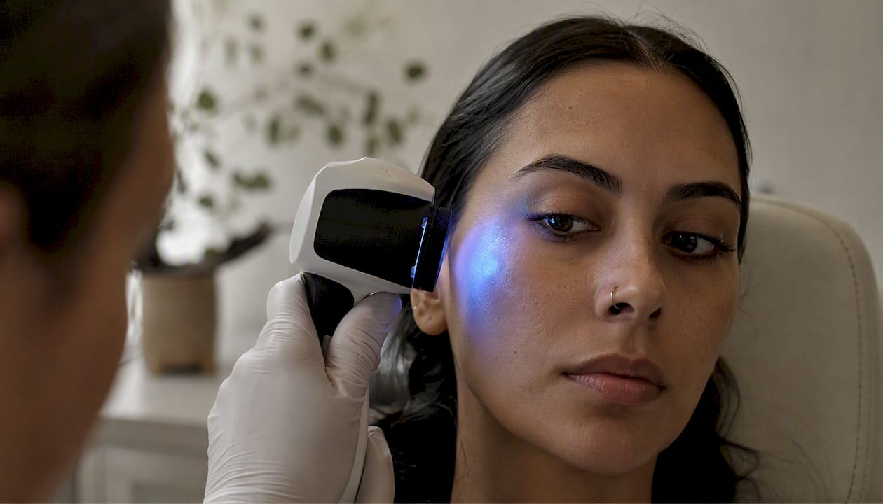 Dermatologist performing Wood's lamp skin exam