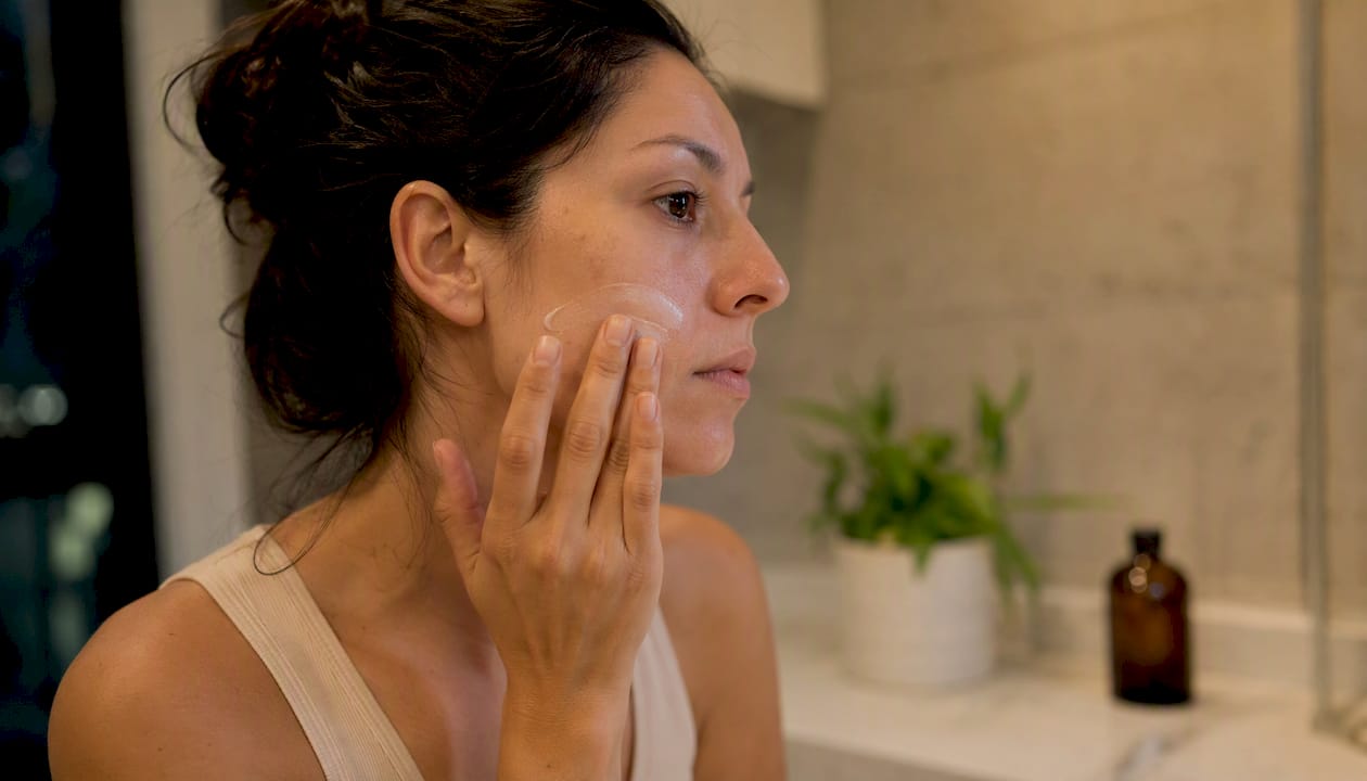 Woman applying melasma treatment cream on cheek