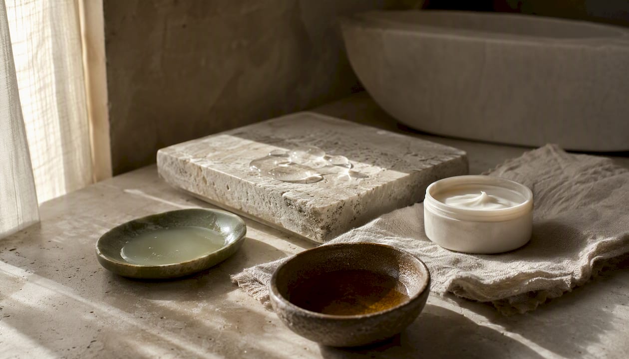 Hydrating skincare layers on natural vanity