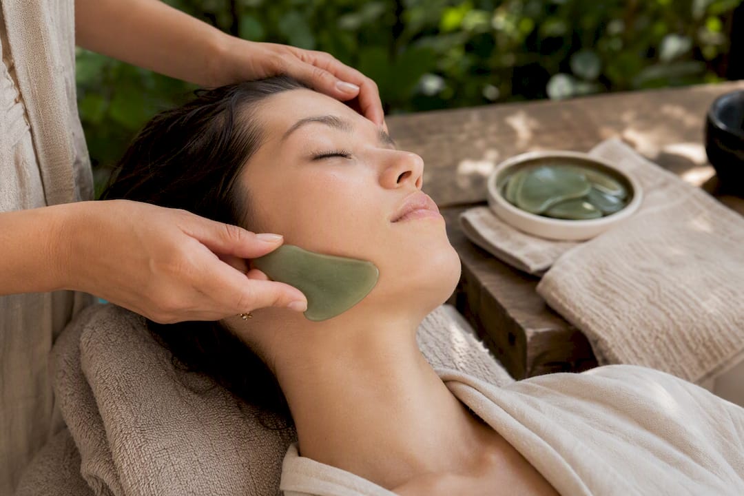 Hands using gua sha tool for facial massage