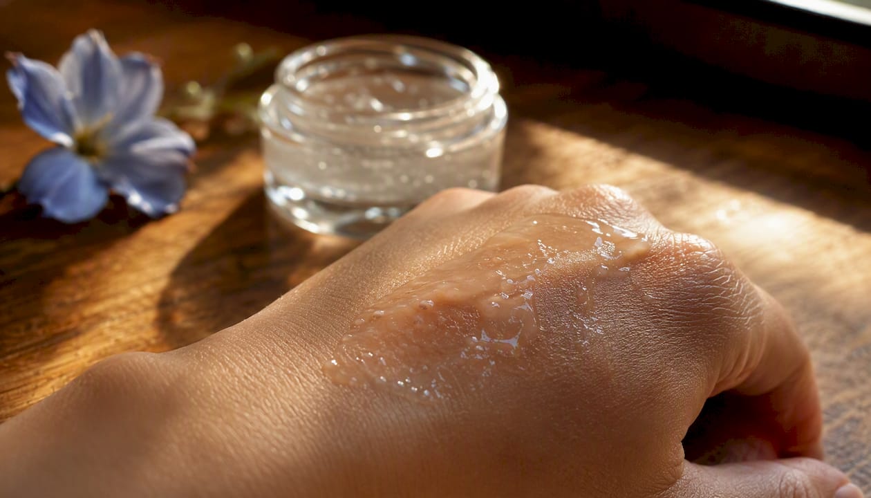 Close-up of skin with hydrating translucent gel layer