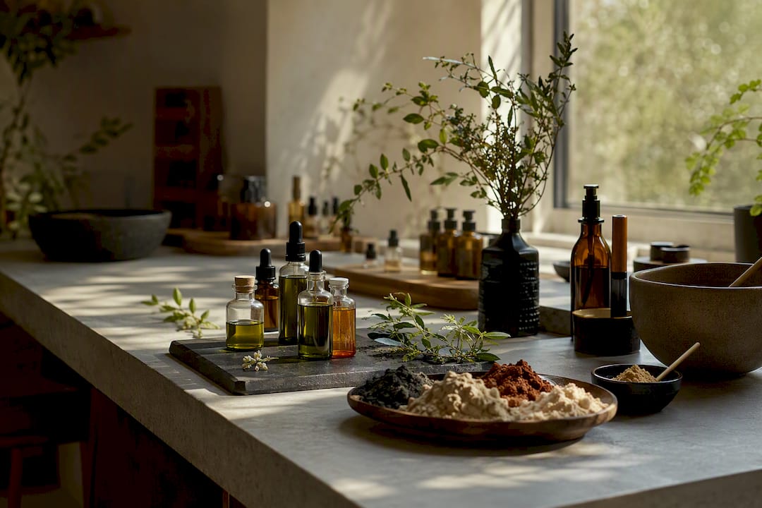 Glass bottles and botanicals on lab counter