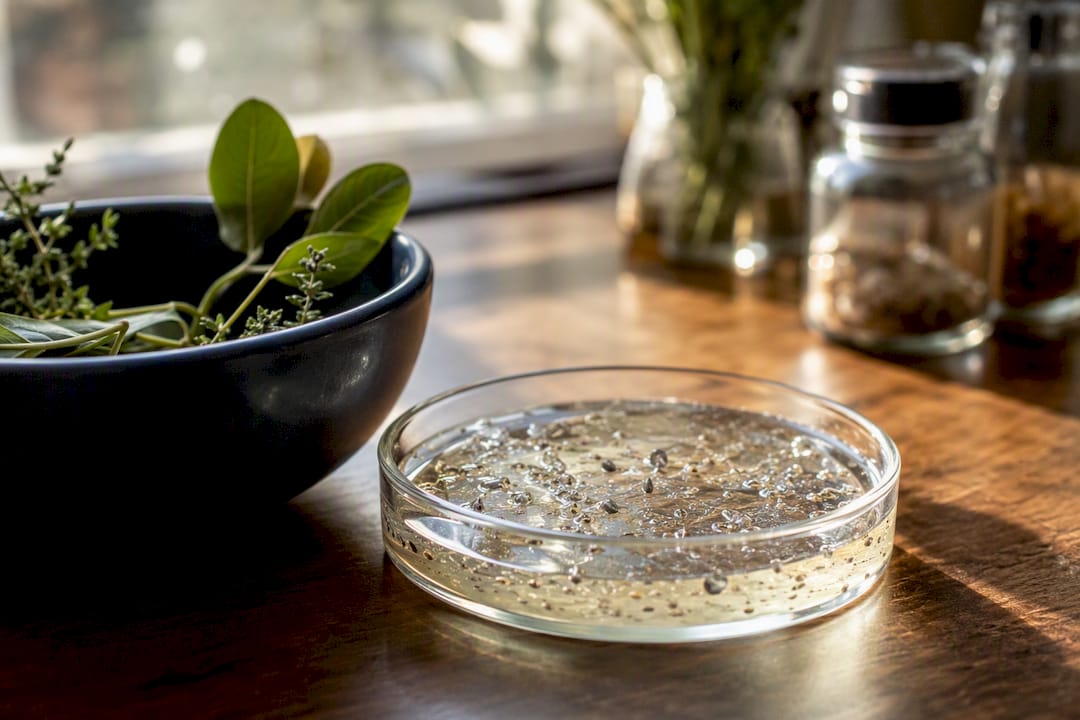 Skincare gel with botanical elements in lab