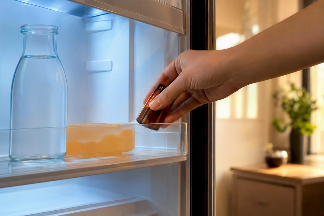 Hand storing an anonymous serum in refrigerator