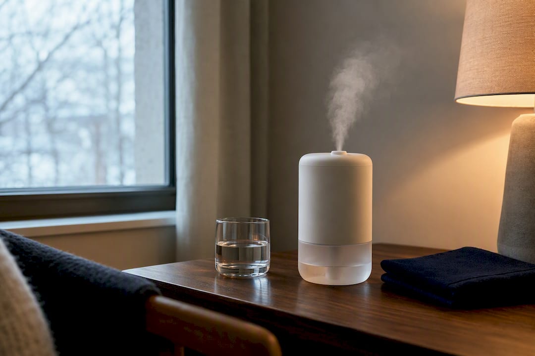 Humidifier releasing mist in a winter room