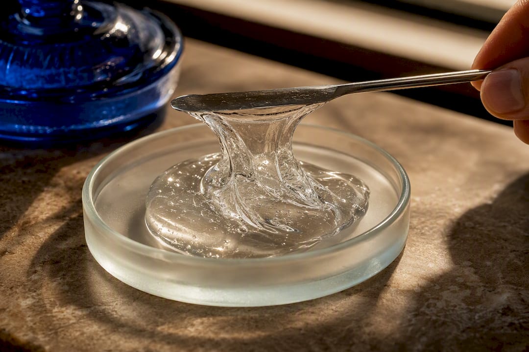 Viscous glycerin gel showing a glossy tacky texture