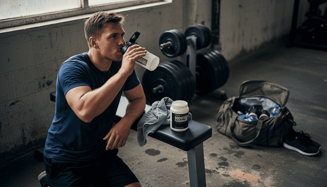 Efter träningspasset tar atleten en proteinshake för att återhämta sig.