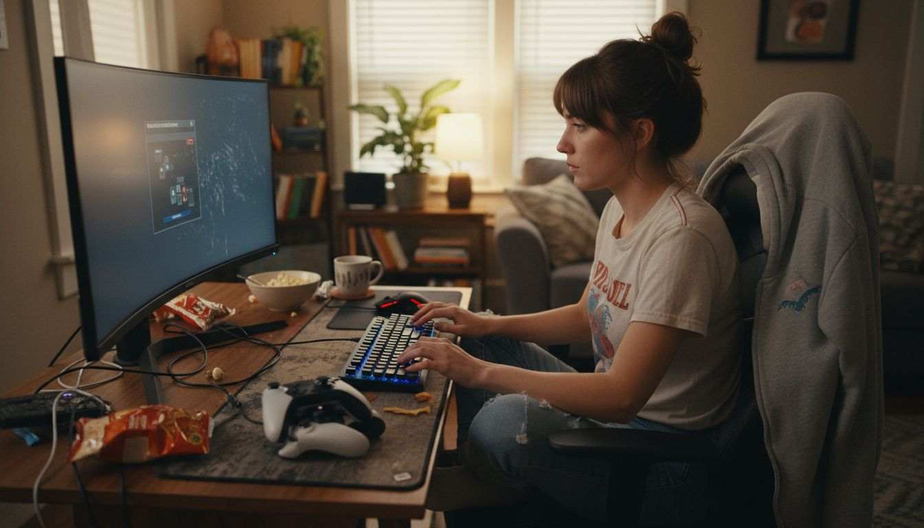 Woman adjusting gaming controls and lighting