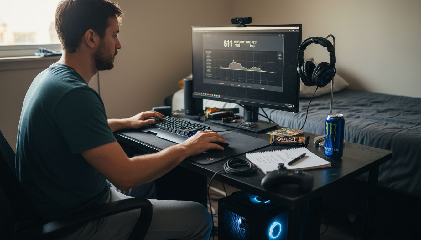 Gamer testing accessories at cluttered desk