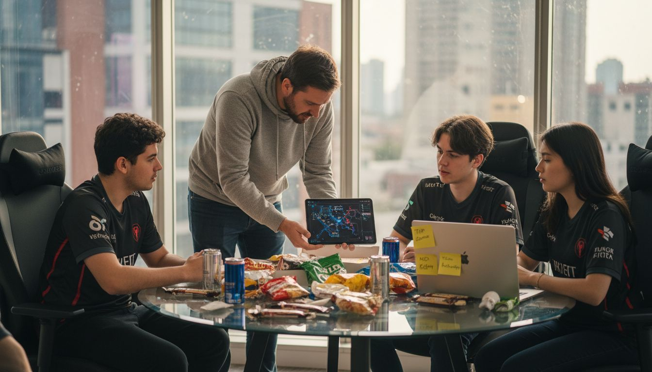 Coach and team analyzing esports game strategies
