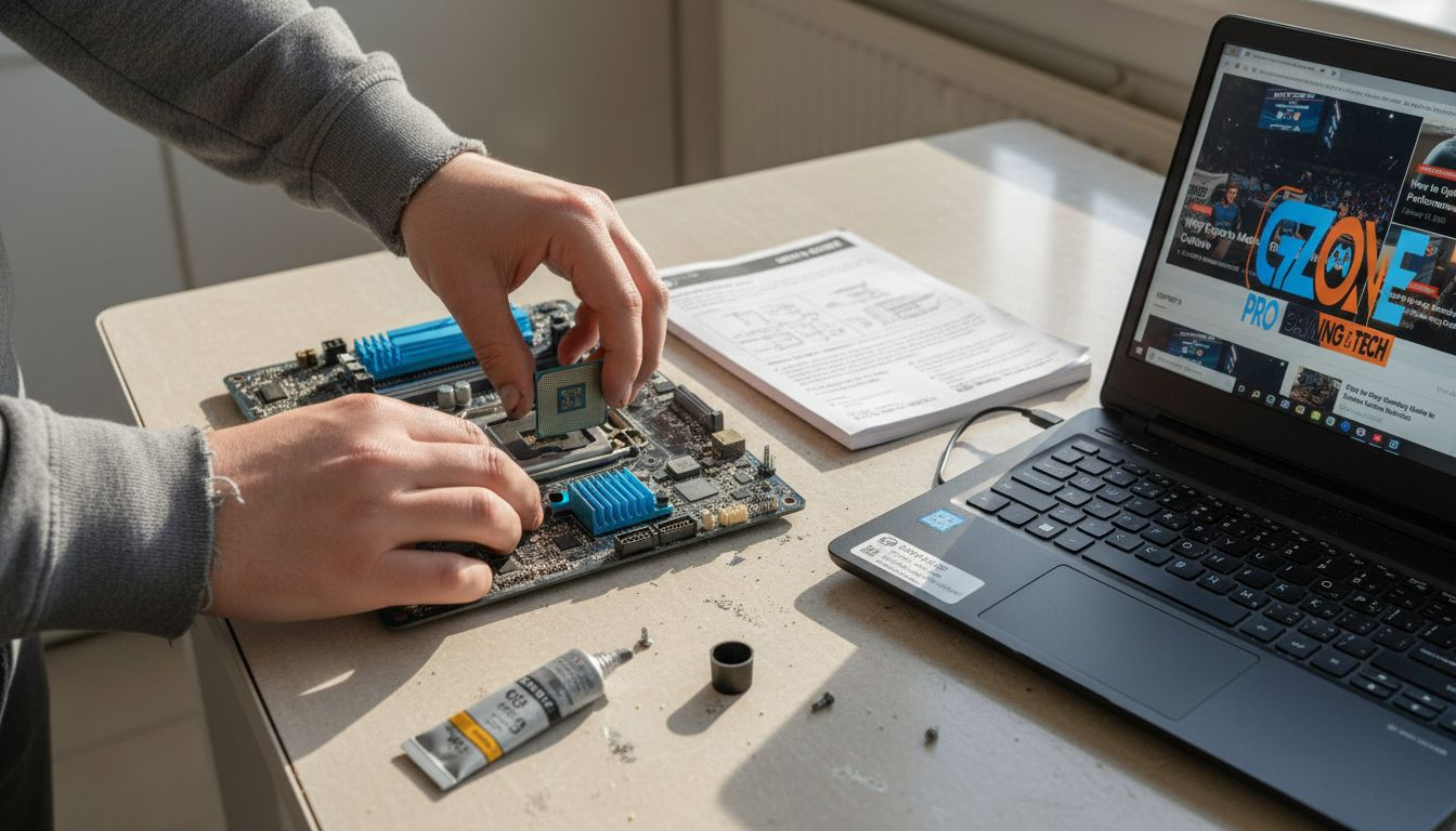 Hands installing processor into motherboard
