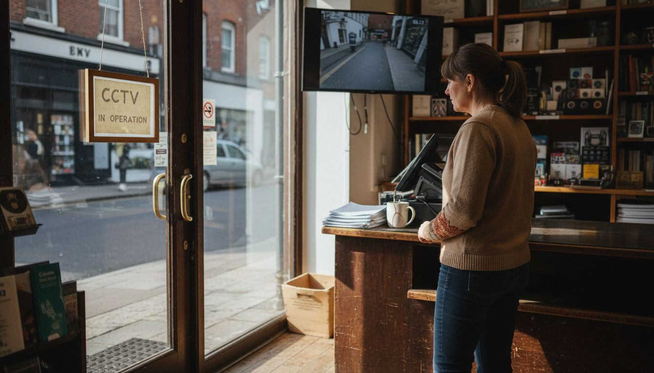 Shop owner reviewing CCTV business feed
