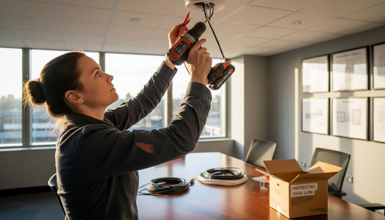 Technician installing smoke detector in office