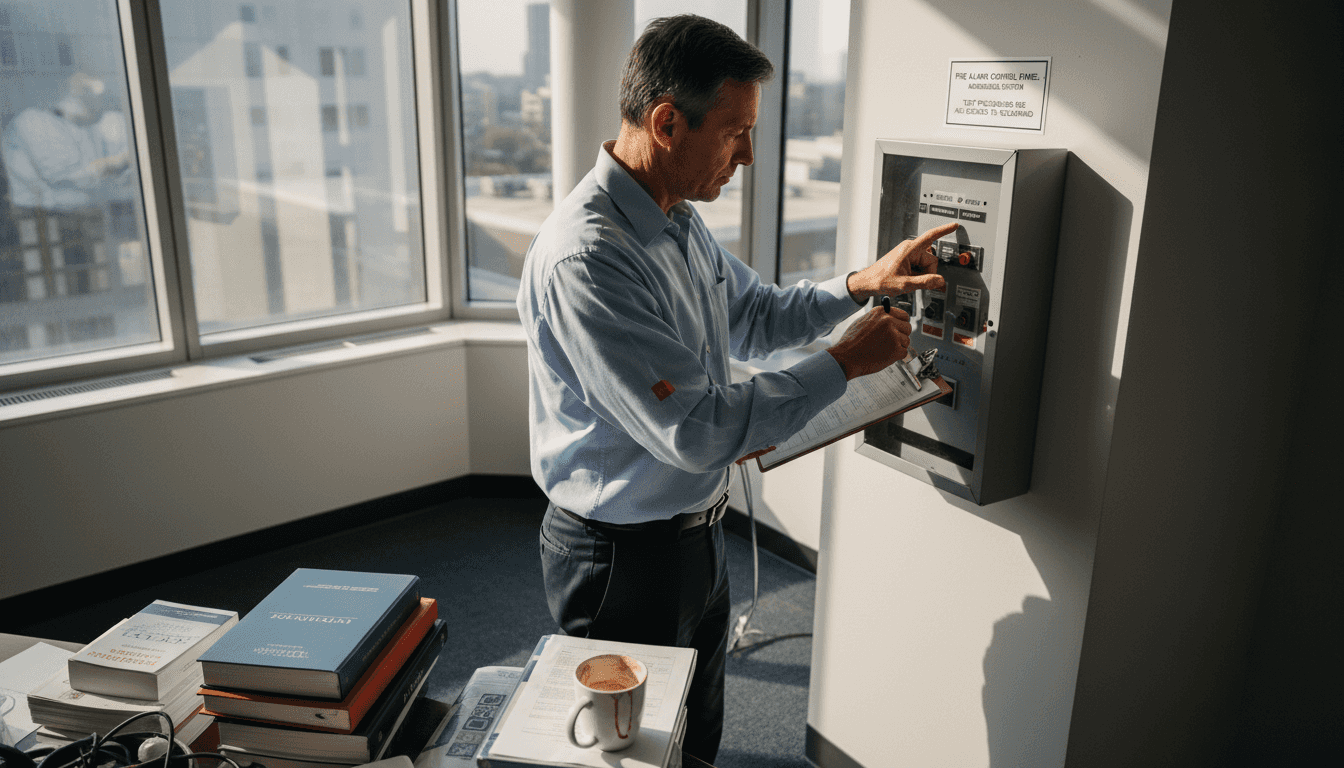 Facility manager testing fire alarm panel
