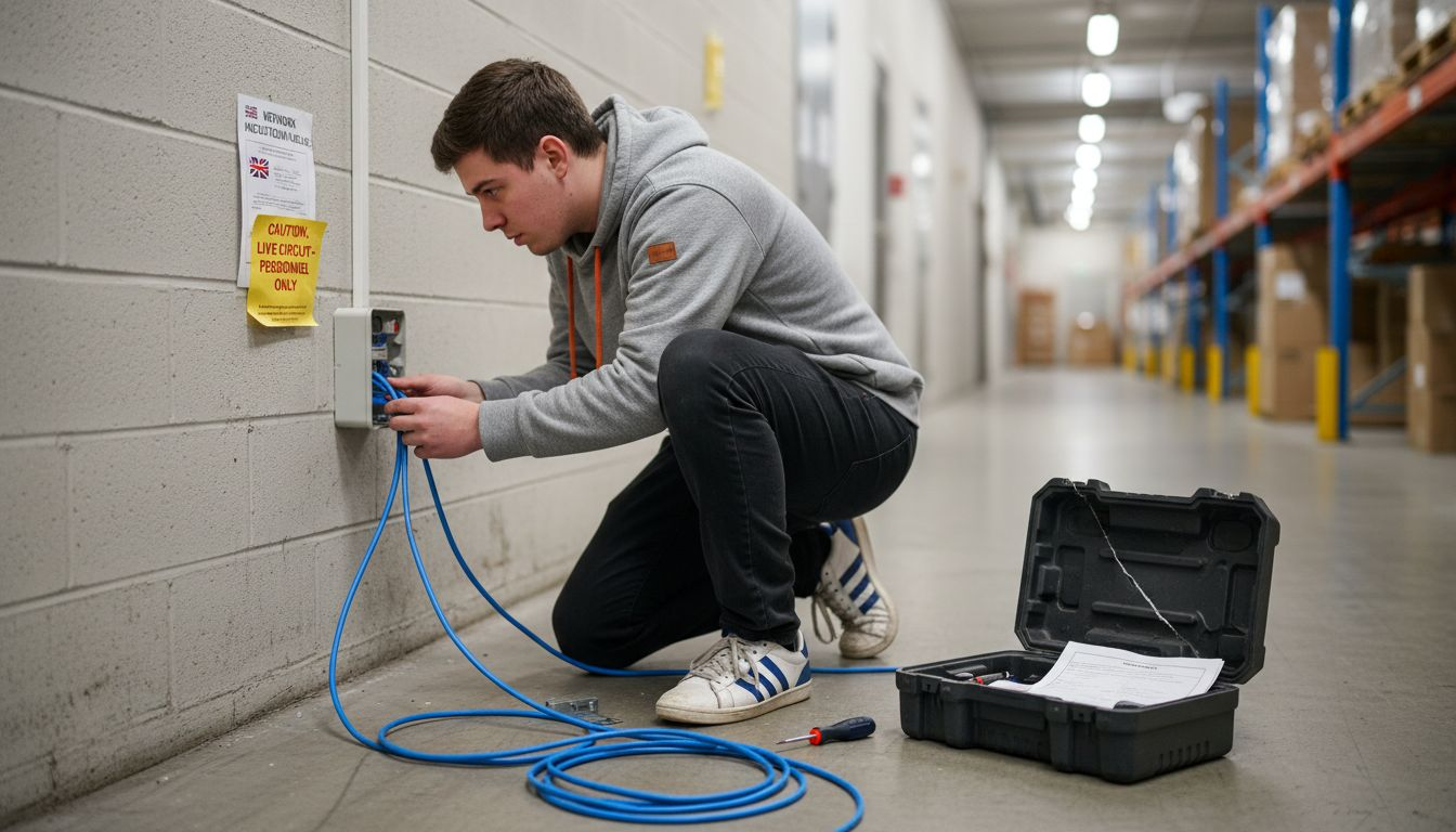 Technician installing cables in warehouse hallway