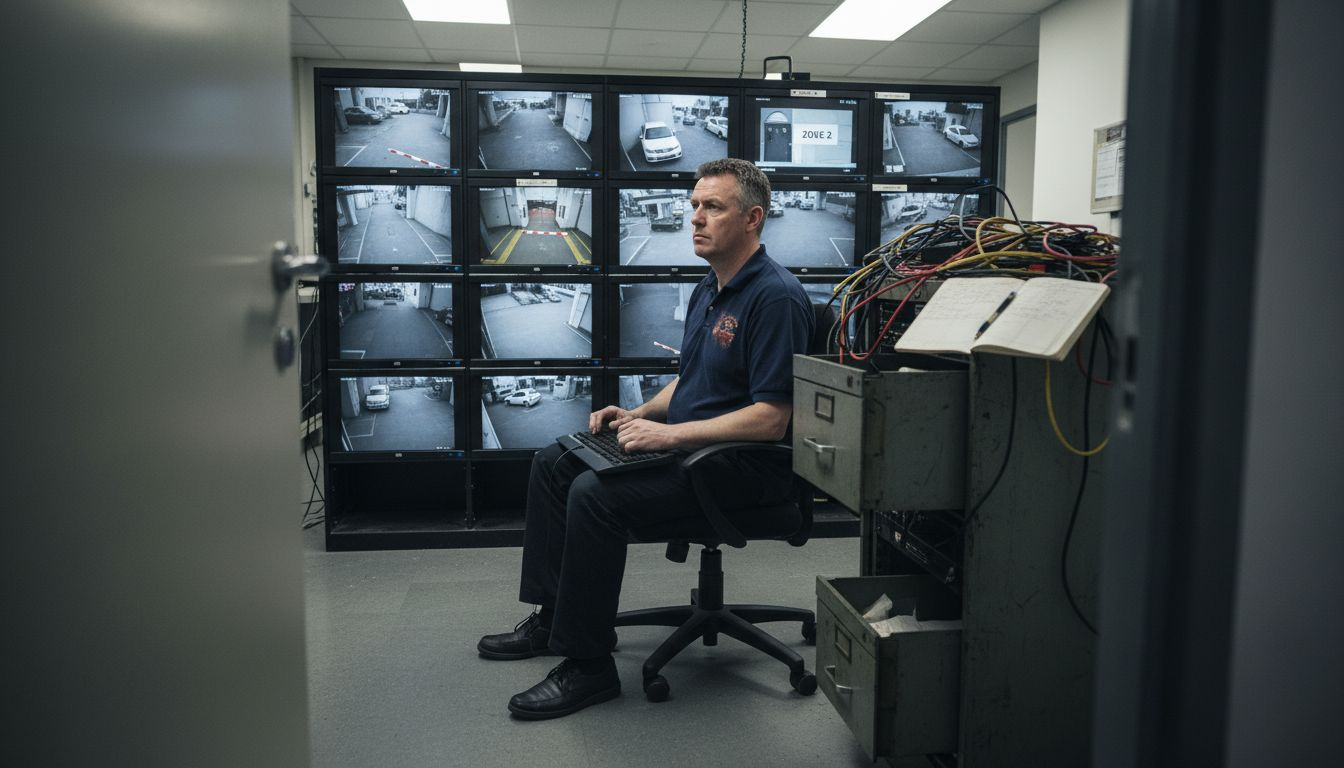 Security manager reviews CCTV for compliance