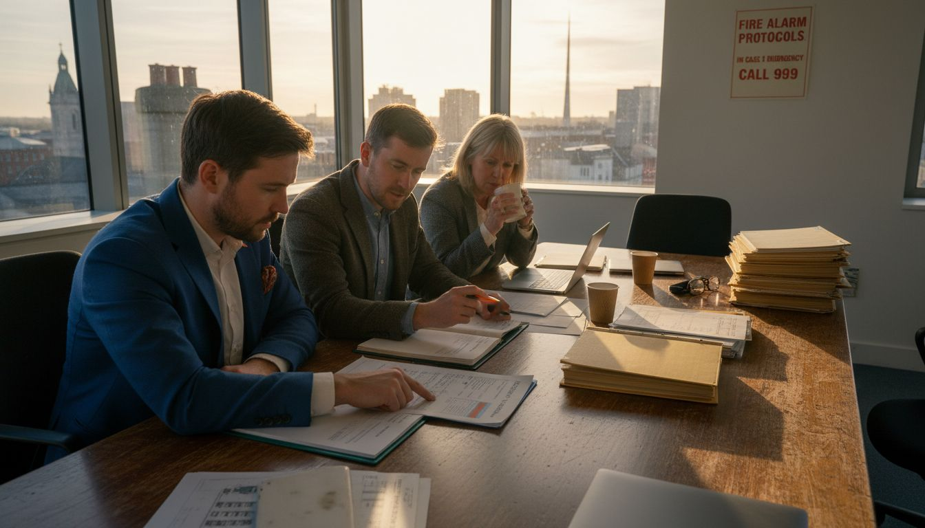 Reviewing fire and security checklist in Dublin office