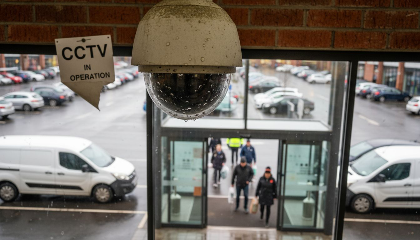 Outdoor CCTV camera and warning sign at retail entrance