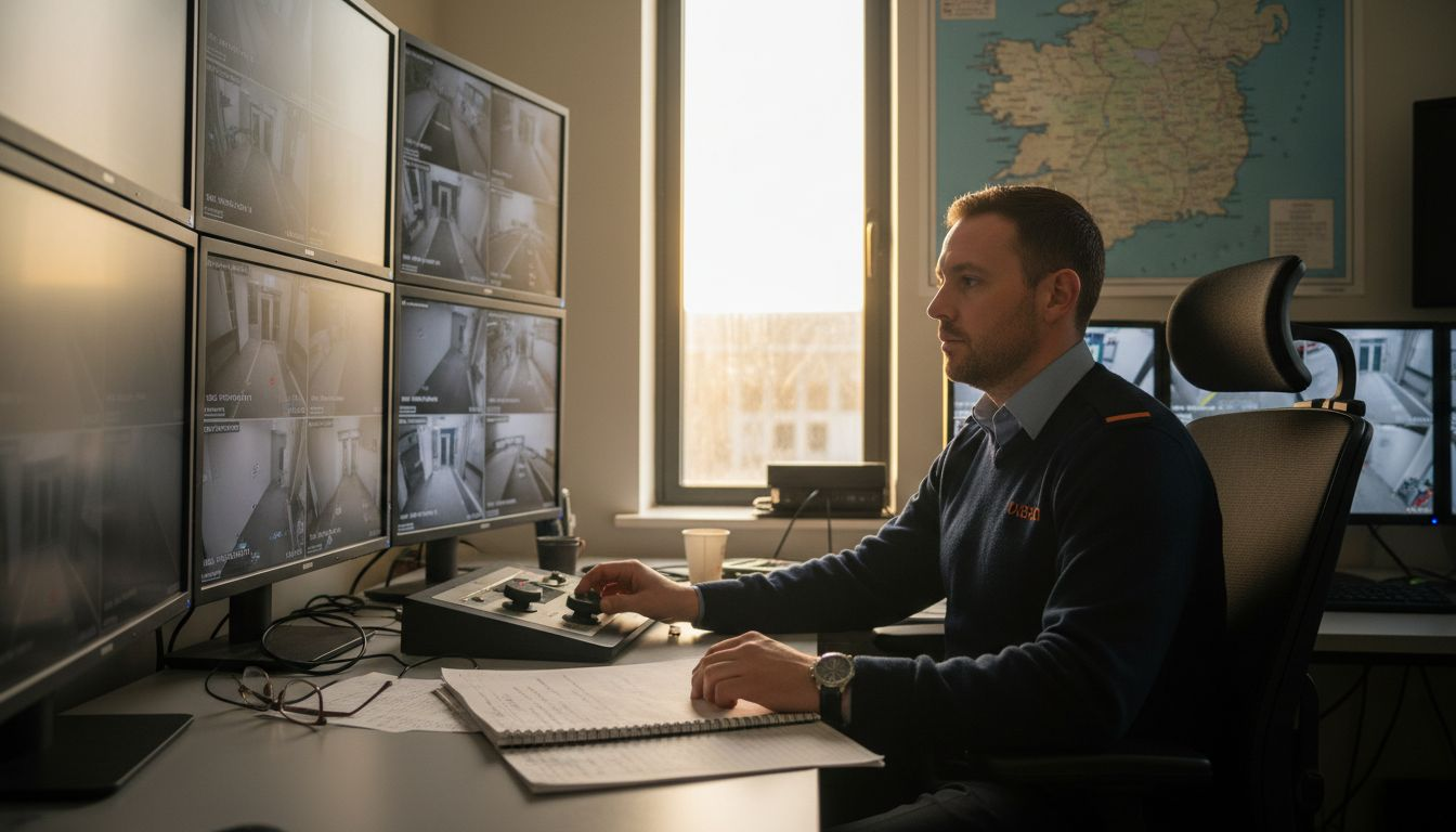 Security officer supervising CCTV screens in control room