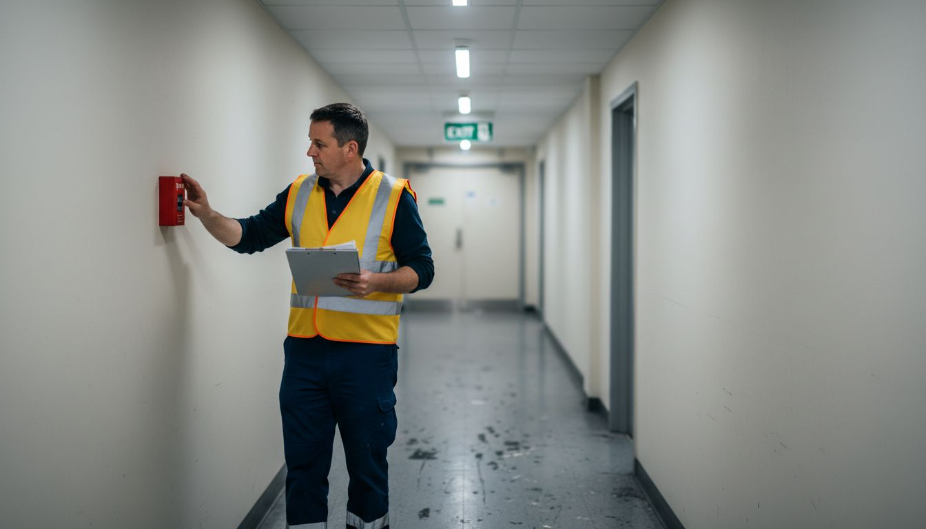 Fire Warden inspecting hallway fire alarms