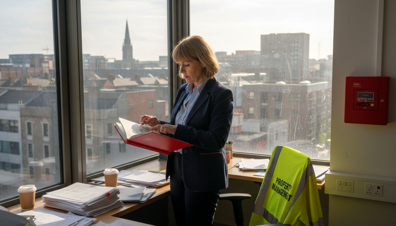 Property manager reviewing fire safety logs in office